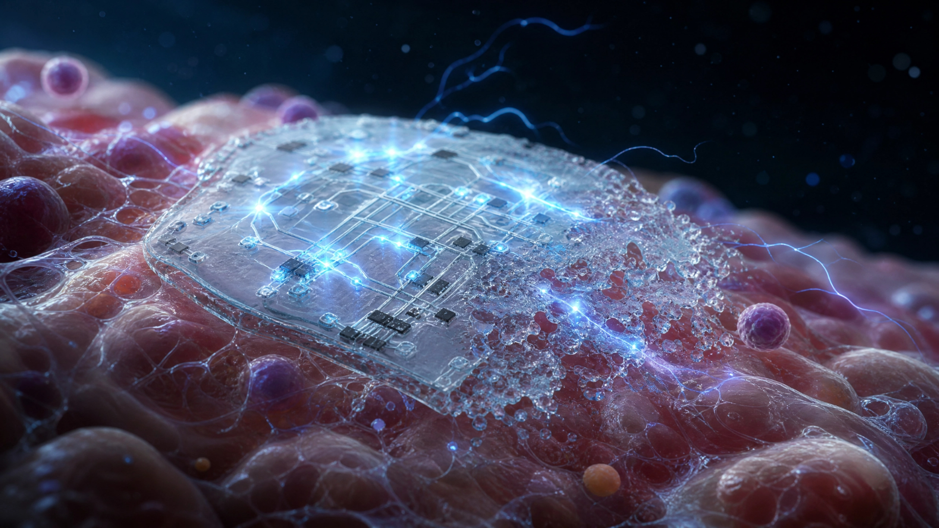 Bioresorbable electronic implant dissolving into human tissue while emitting blue electrical signals
