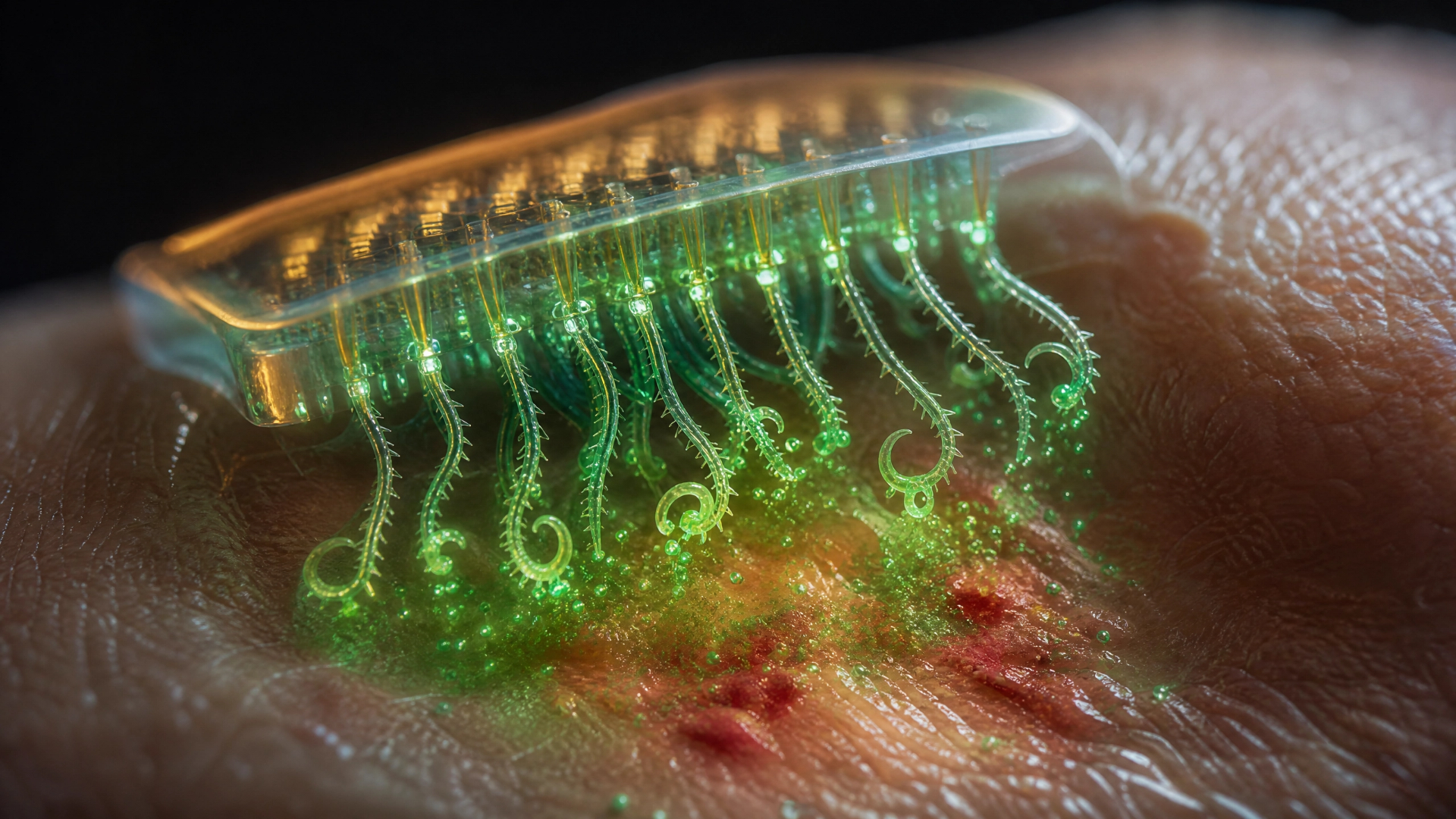 AI-guided microneedle patch applied to skin, with curling needles releasing healing particles