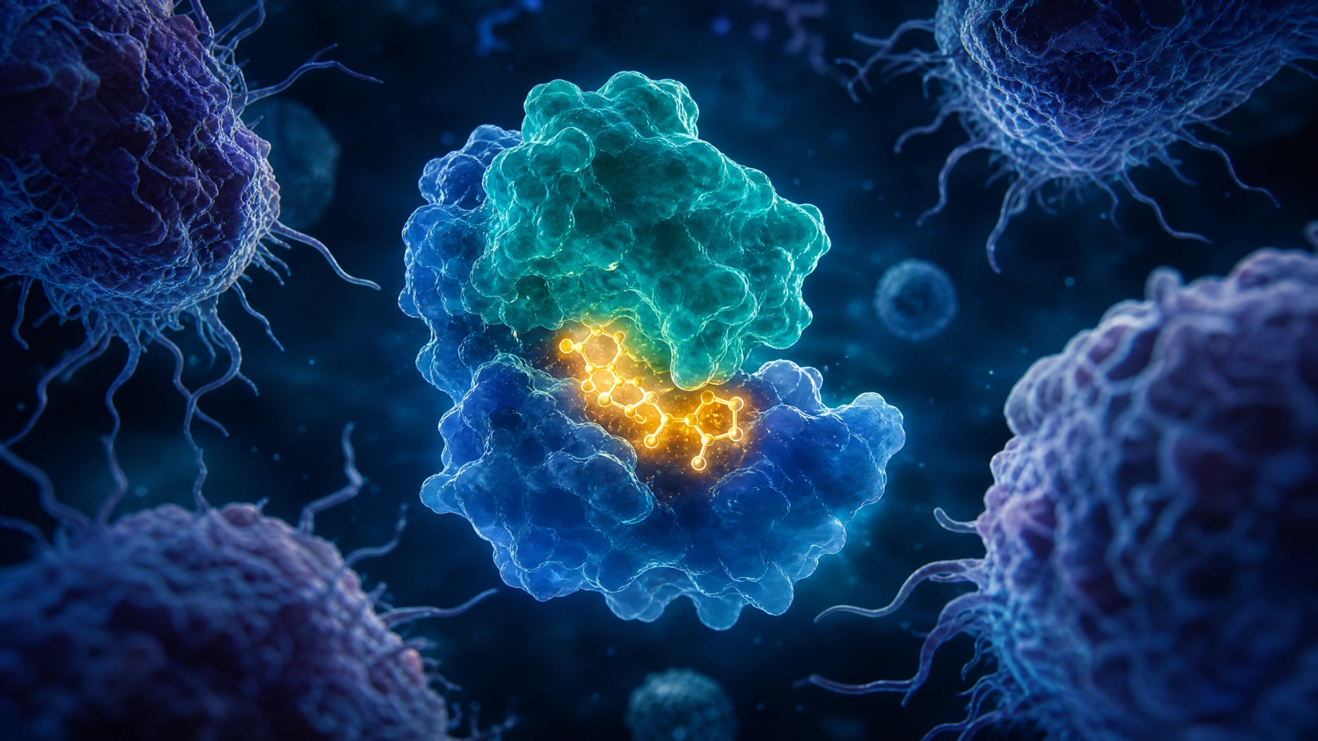 Molecular visualization of the RAS protein being targeted by Daraxonrasib in pancreatic cancer cells