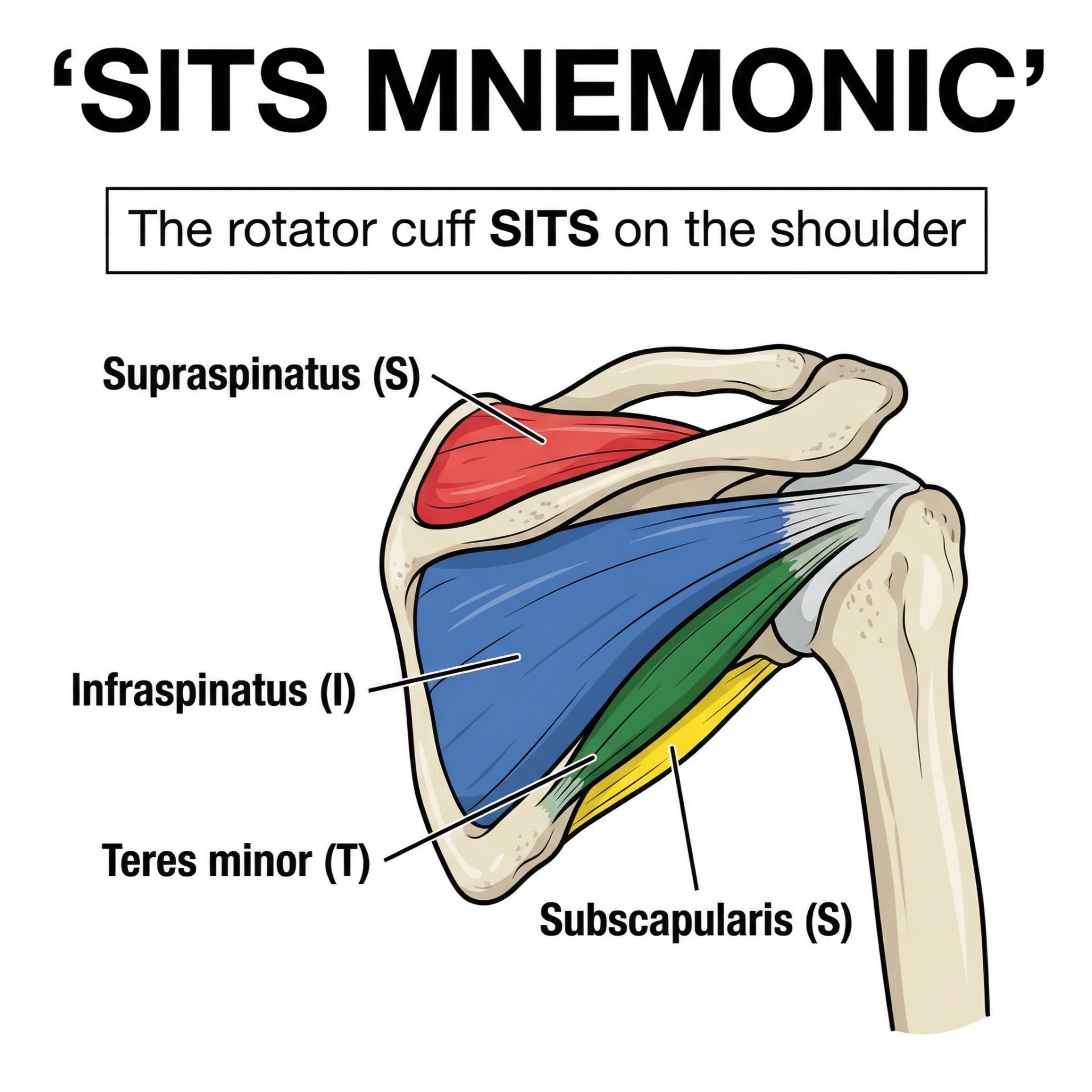 SITS mnemonic diagram showing the four rotator cuff muscles: Supraspinatus, Infraspinatus, Teres minor, and Subscapularis