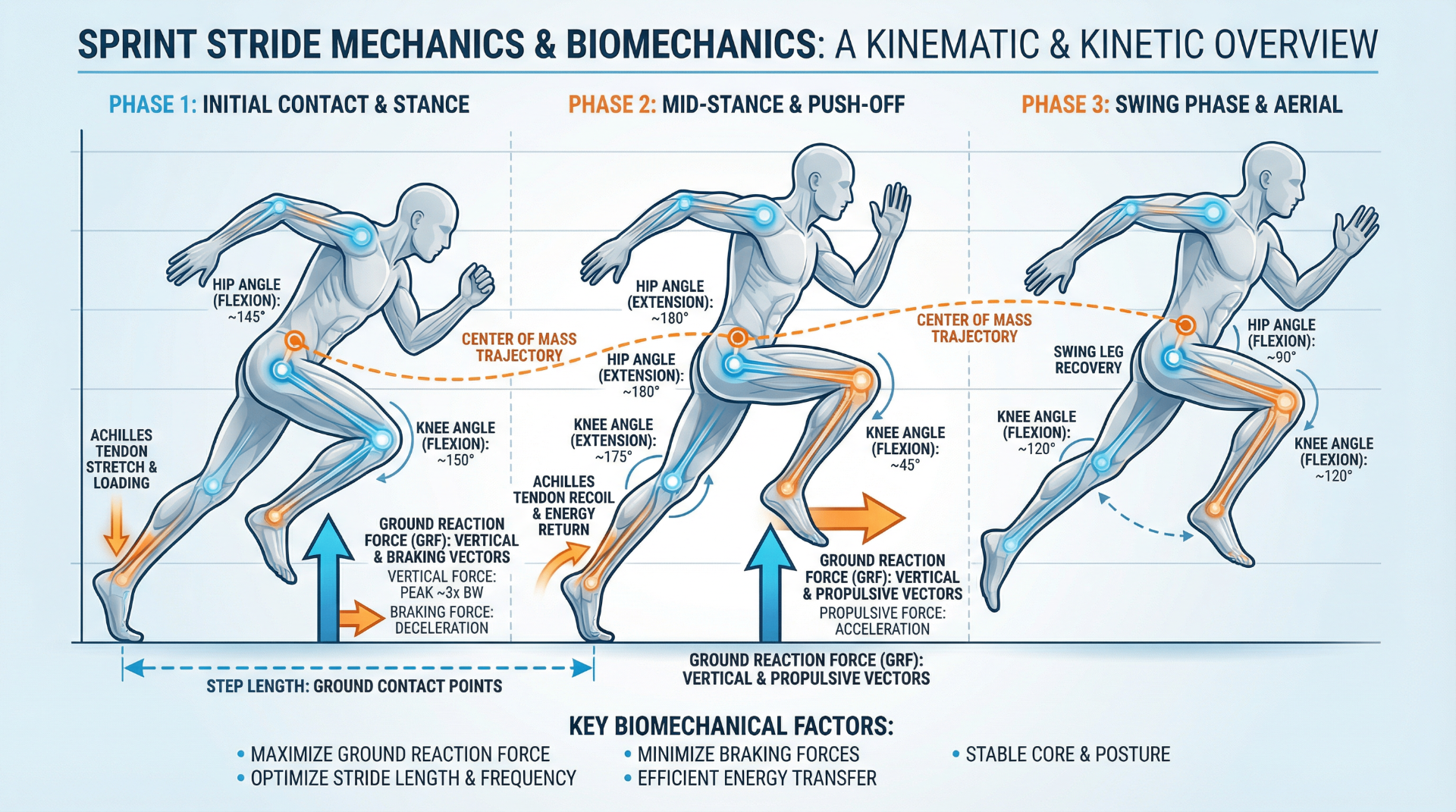 Sprint Stride Mechanics and Biomechanics - showing the three phases of a sprint stride with kinematic and kinetic details