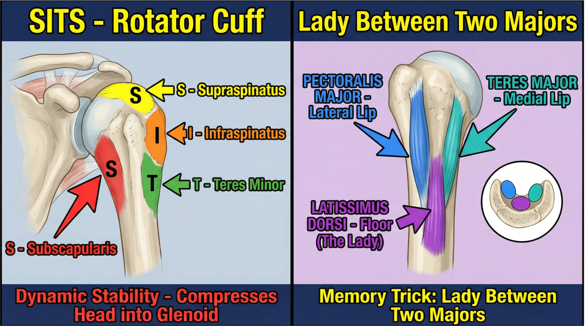SITS rotator cuff mnemonic and Lady Between Two Majors diagram